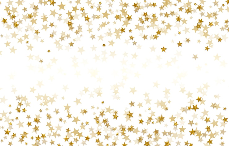 Foto fondo de confeti festivo abstracto de estrellas fugaces doradas sobre blanco