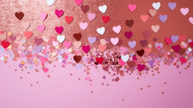 fondo de corazones brillantes y confeti en rosa