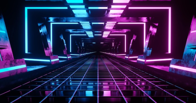 Fondo de corredor de ciencia ficción de neón rosa y azul de representación 3D