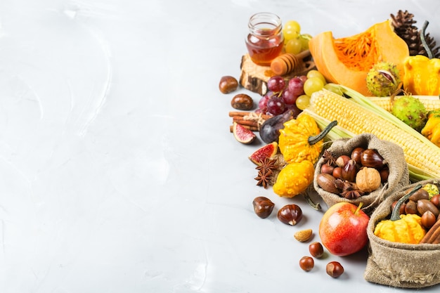 Fondo de cosecha de otoño otoño con maíz de castaña de manzana de calabaza