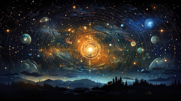 un fondo cósmico que representa constelaciones formadas por palabras brillantes