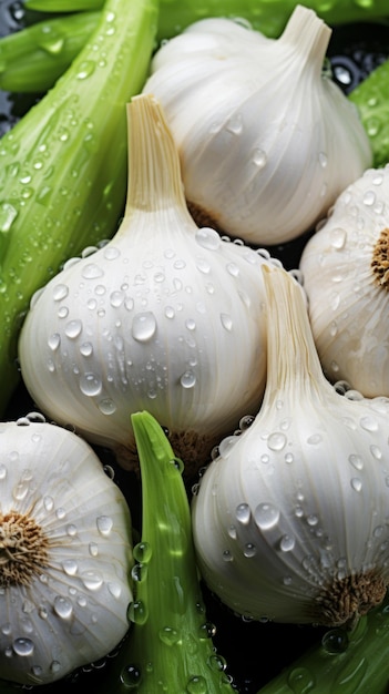 Fondo sin costuras de ajo fresco adornado con gotas brillantes de agua Vista superior hacia abajo