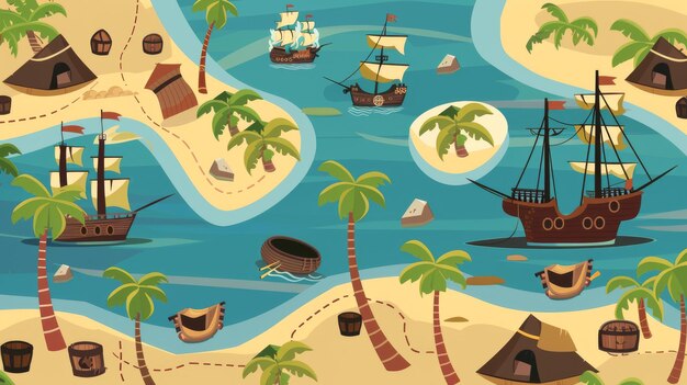 Fondo sin costuras con barco pirata y palmeras Mapa del juego