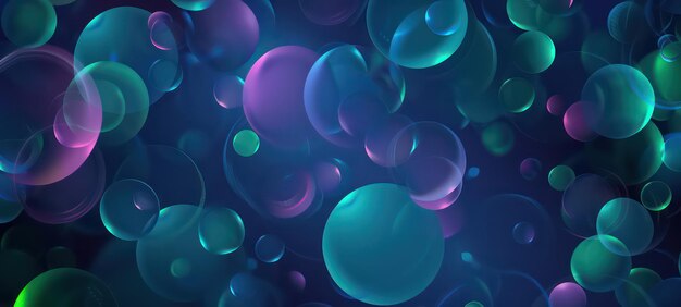 Foto fondo sin costuras con círculos brillantes transparentes de color cian patrón interminable con burbujas transparentes turquesas en orden aleatorio en fondo oscuro