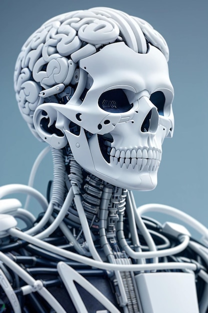 Fondo de cráneo blanco liso en cuerpo robótico con aparentes detalles mecánicos en blueg