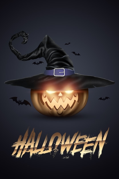 Fondo creativo de Halloween. inscripción de Halloween y la calabaza malvada sobre un fondo oscuro.