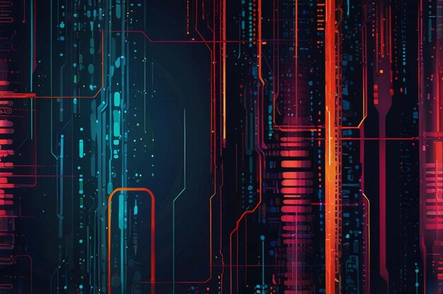 Fondo creativo de IA con formas técnicas abstractas y flujos de datos