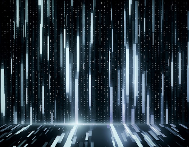 Fondo creativo de líneas digitales brillantes con código binario 3D Rendering