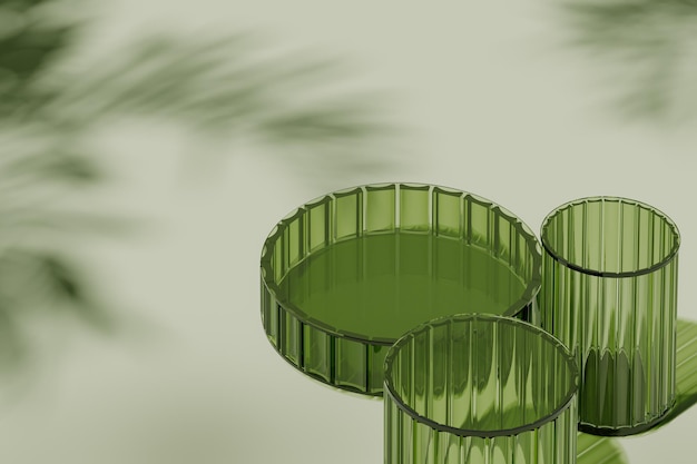 Fondo de cristal abstracto para la presentación del producto con parasol sobre fondo verde render 3d