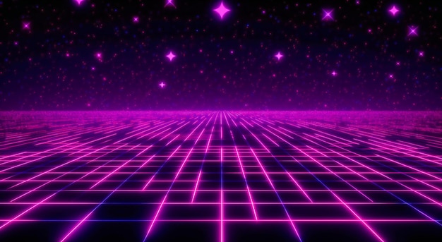 Un fondo cuadrado de neón rosa y morado con estrellas.