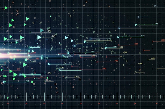 Fondo de cuadrícula digital borroso abstracto con flechas Crecimiento y concepto de medios Representación 3D