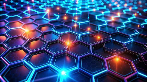 Fondo de cuadrícula hexagonal de neón azul y naranja resplandeciente abstracto