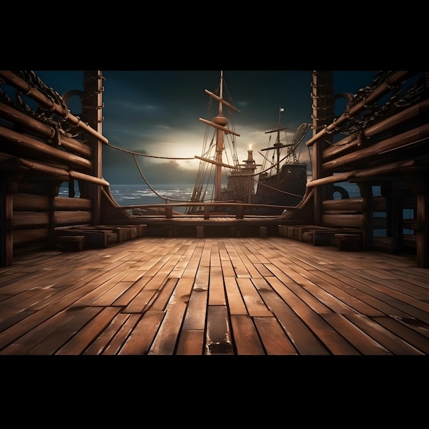 Fondo de cubierta de barco pirata vacío para escena de teatro