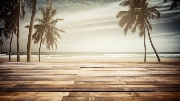 Fondo de cubierta de madera con cocoteros de playa y refugio tropical a la luz del sol