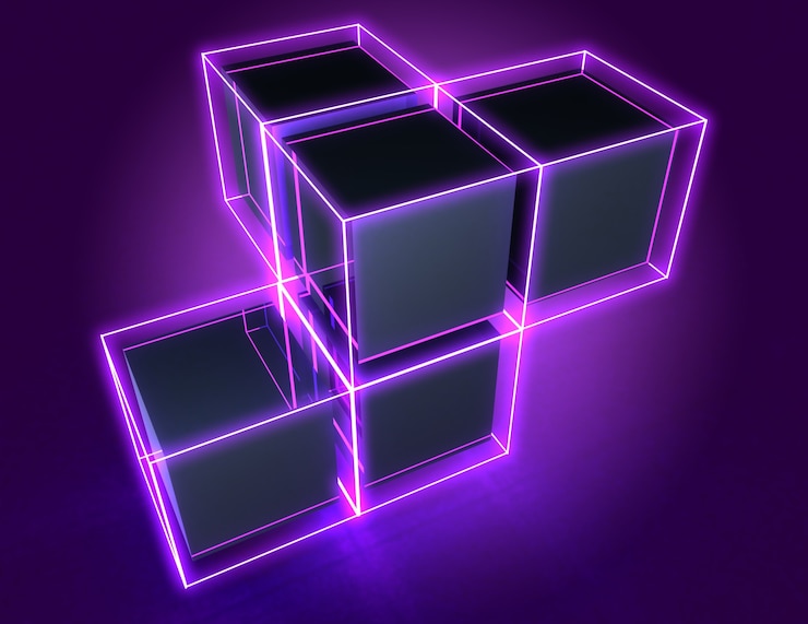 Foto fondo de cubos abstractos 3d con luces de neón. ilustración 3d