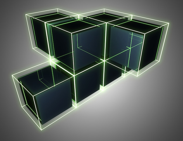 Fondo de cubos abstractos 3D con luces de neón. Ilustración 3d