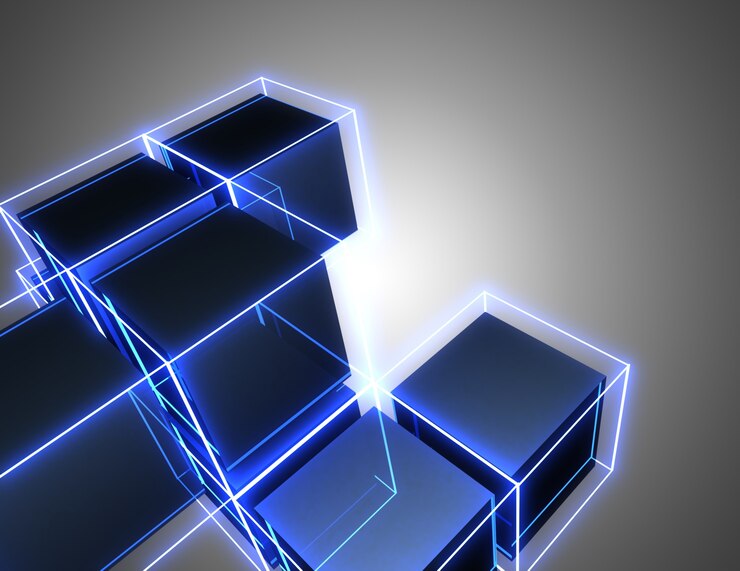 Foto fondo de cubos abstractos 3d con luces de neón. ilustración 3d