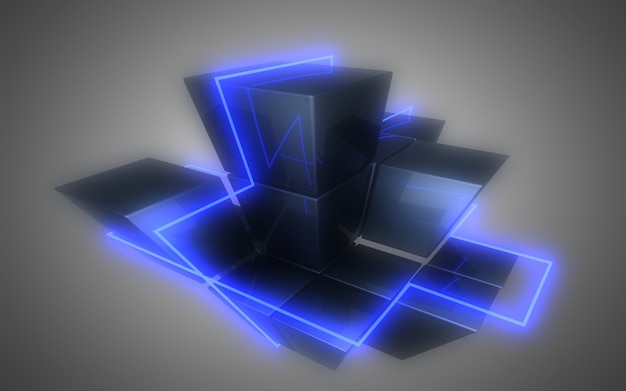 Fondo de cubos abstractos 3D con luces de neón. Ilustración 3d