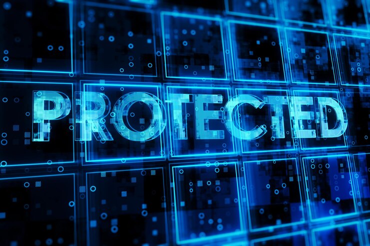 Foto fondo de cubos azul oscuro creativo con holograma de texto protegido tecnología bigdata segura y concepto de información representación 3d