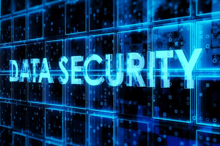 Foto fondo de cubos azul oscuro creativo con holograma de texto de seguridad de datos tecnología bigdata segura y concepto de información representación 3d