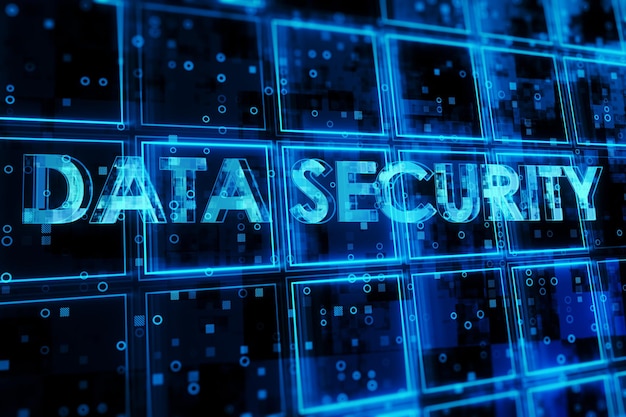 Fondo de cubos azul oscuro creativo con holograma de texto de seguridad de datos Tecnología bigdata seguro y concepto de información Representación 3D