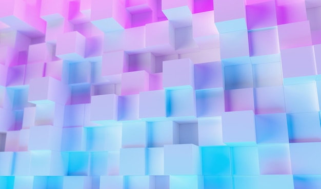 Fondo de cubos geométricos con luces azules y violetas de neón brillante de colores