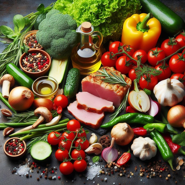 Fondo culinario con verduras y carne frescas