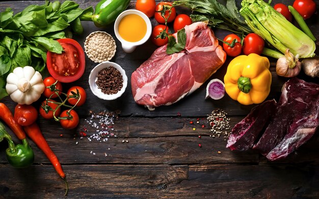 Fondo culinario con verduras y carne frescas
