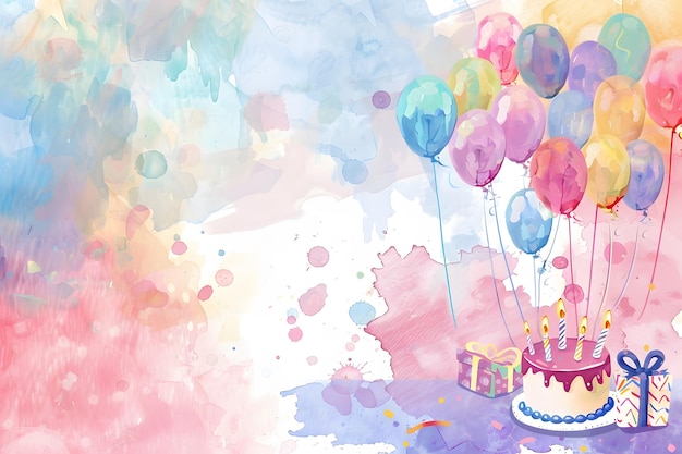 Un fondo de cumpleaños con bolos, pastel y regalos.