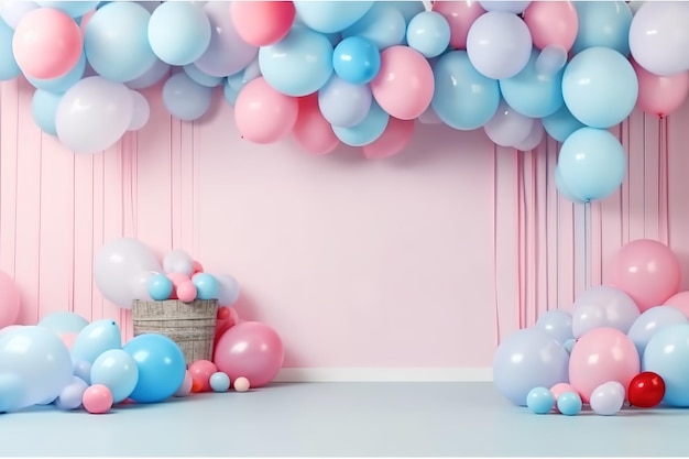 Fondo de cumpleaños de fiesta colorida con interior de globos baby shower