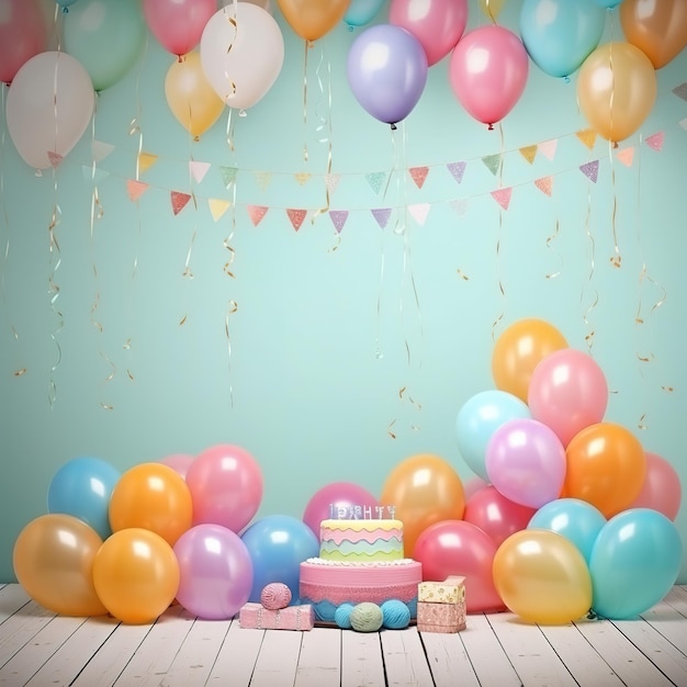 Fondo de cumpleaños de fiesta colorida con interior de globos baby shower