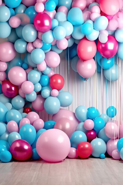 Fondo de cumpleaños de fiesta colorida con interior de globos baby shower