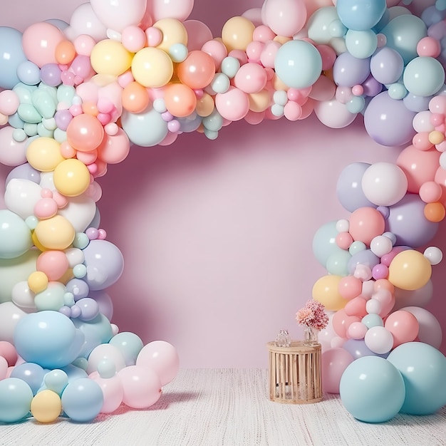 Fondo de cumpleaños de fiesta colorida con interior de globos baby shower