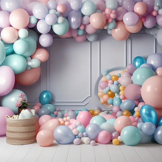 Fondo de cumpleaños de fiesta colorida con interior de globos baby shower