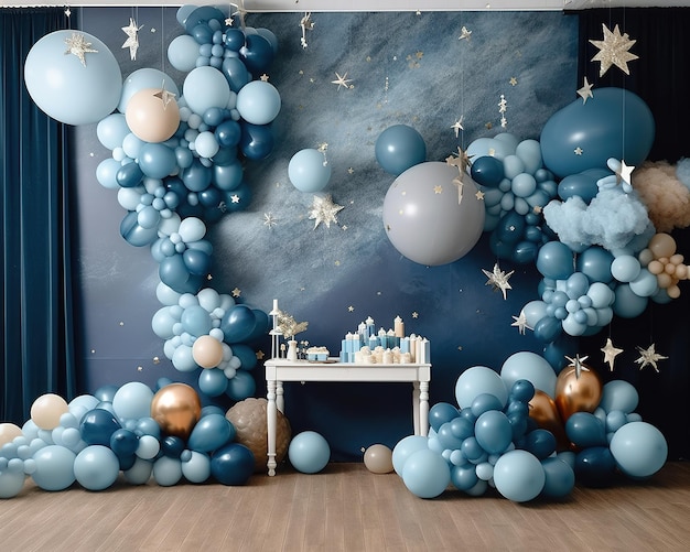 Fondo de cumpleaños de fiesta colorida con interior de globos baby shower