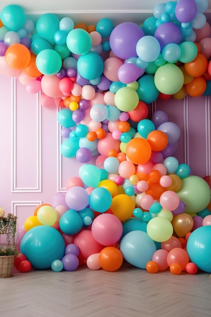 Fondo de cumpleaños de fiesta colorida con interior de globos baby shower