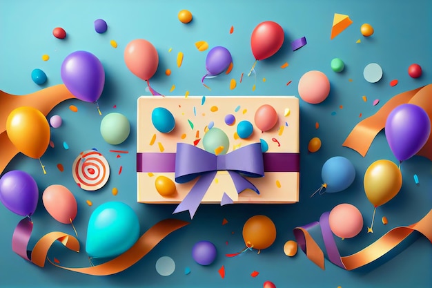 Fondo de cumpleaños con globos de caja de regalo y confeti IA generativa