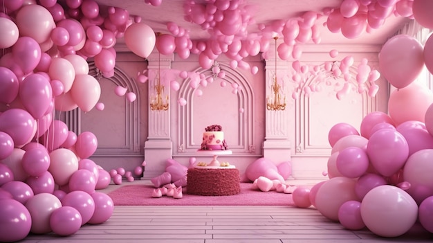 Fondo de cumpleaños, globos y regalos dispuestos en tonos de rosa.