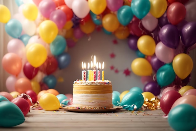 Fondo de cumpleaños con pastel y globos