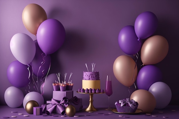 Fondo de cumpleaños con tema de globos y regalos color morado generado por Ai