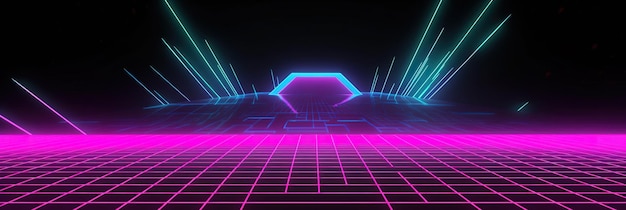 Fondo cyberpunk retrowave abstracto de los años 80 con cuadrícula de perspectiva de neón de espacio de copia