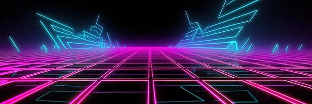 Fondo cyberpunk retrowave abstracto de los años 80 con cuadrícula de perspectiva de neón de espacio de copia