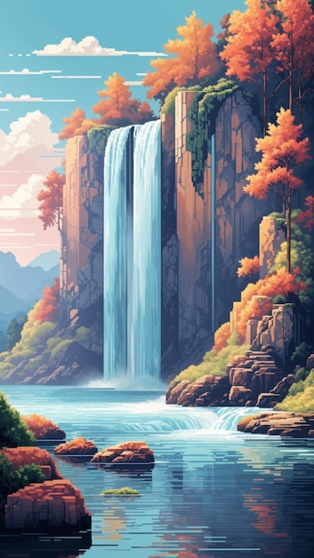 Foto fondo de pantalla vertical de lago escenico con cascada estilo pixel art alta resolução