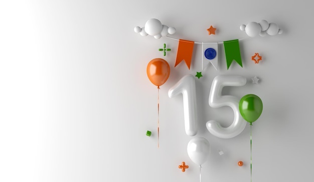 Fondo de decoración del Día de la Independencia de la India con 15 números de globos confeti