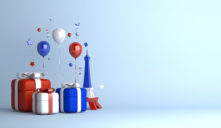 Foto fondo de decoración de feliz día de la bastilla con caja de regalo de globo de torre eiffel