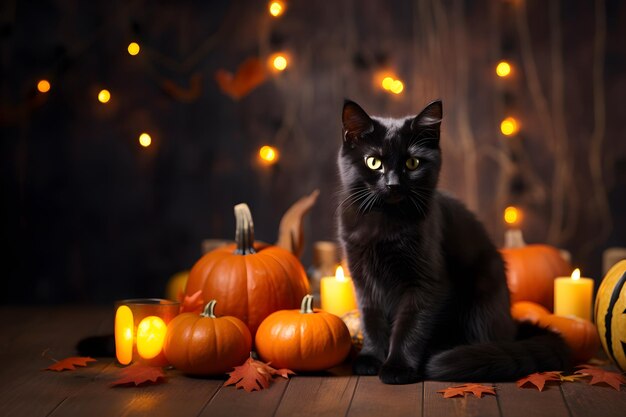 Fondo de decoración de feliz halloween de gato negro y calabazas
