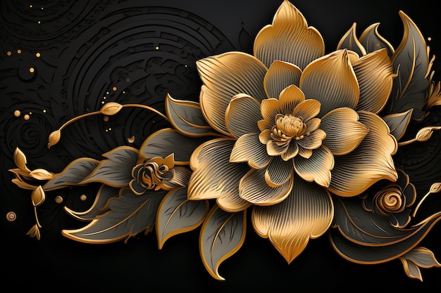 Fondo de decoración floral elegante negro y dorado