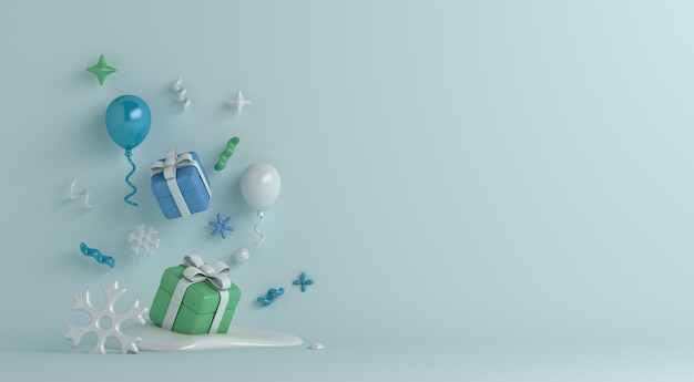 Fondo de decoración de invierno con globo, copos de nieve, caja de regalo