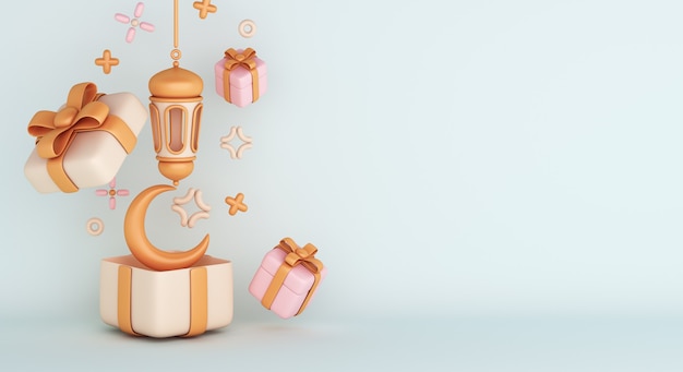 fondo de decoración islámica con caja de regalo linterna árabe media luna