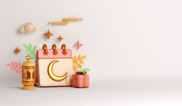 Fondo de decoración islámica con caja de regalo de linterna de luna creciente de calendario